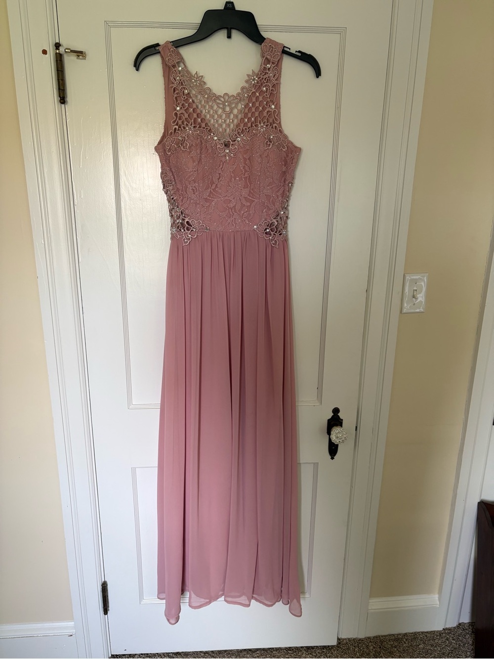 David's Bridal Dusty Rose Lace Bodice Chiffon Gown